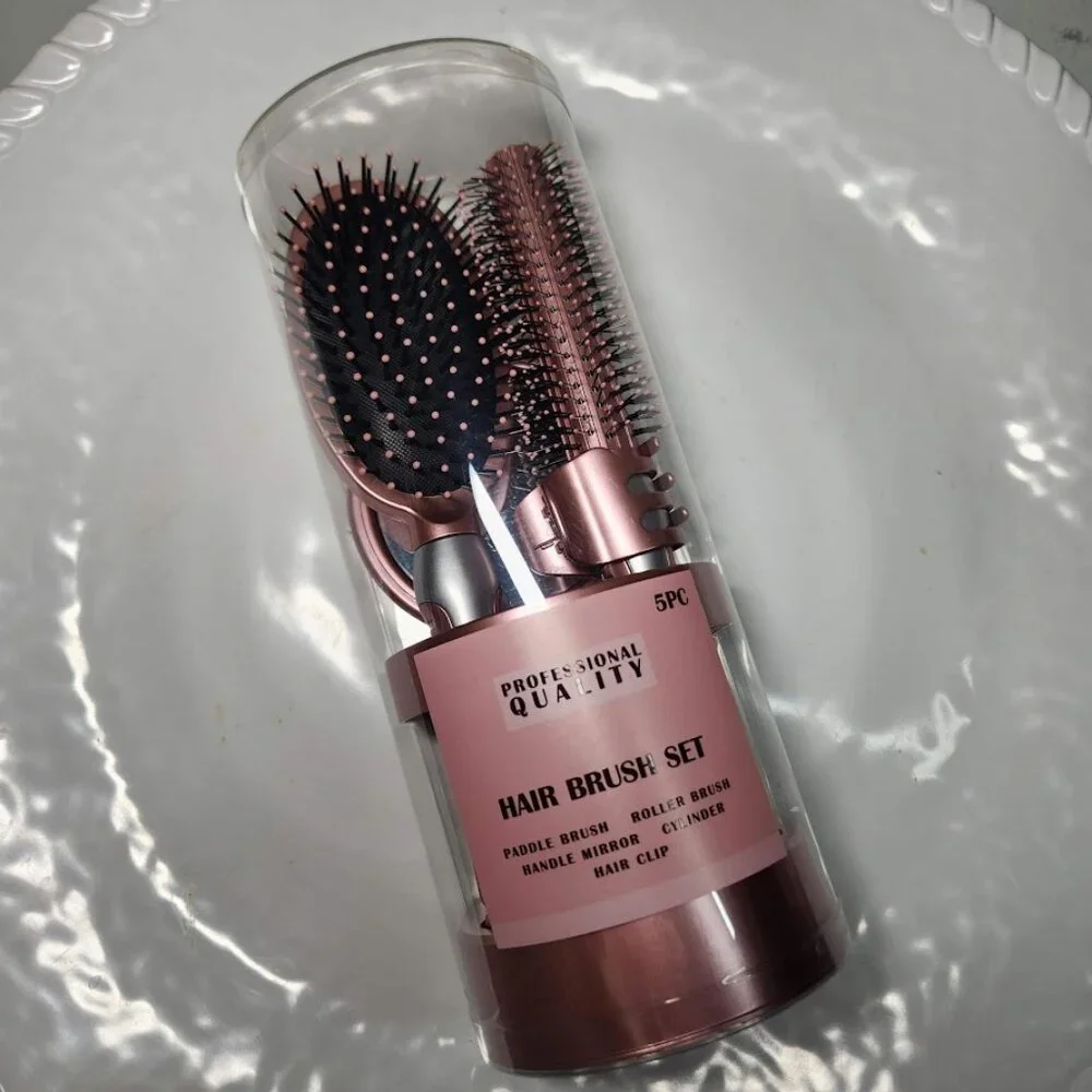 NEW 5-Piece Hairbrush Brush Set Hand Mirror Beauty Brushes Pink Easter Basket St